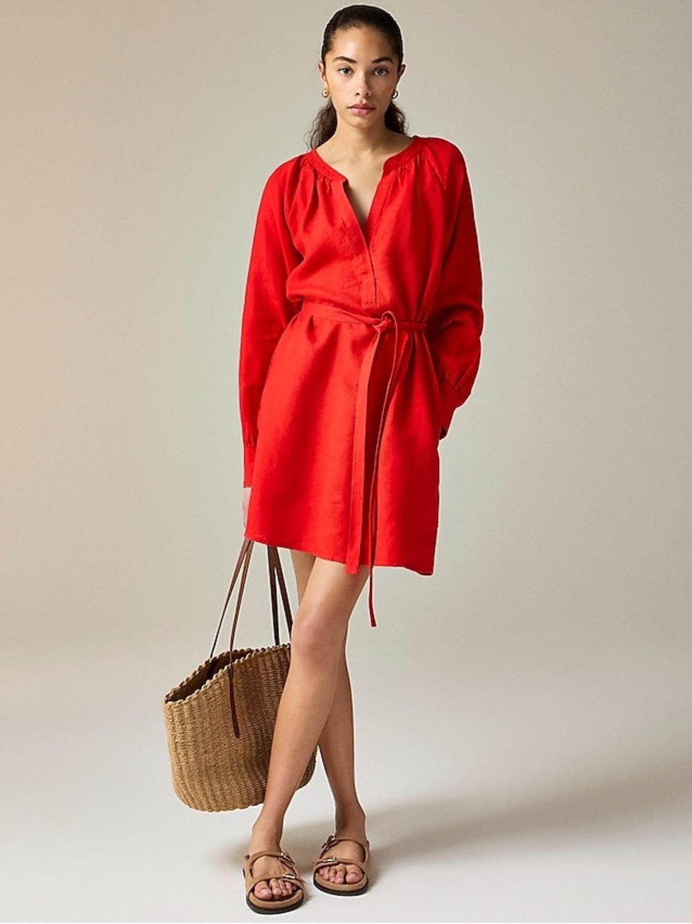 J.Crew Red Arroyo linen Long Sleeve Shift Dress